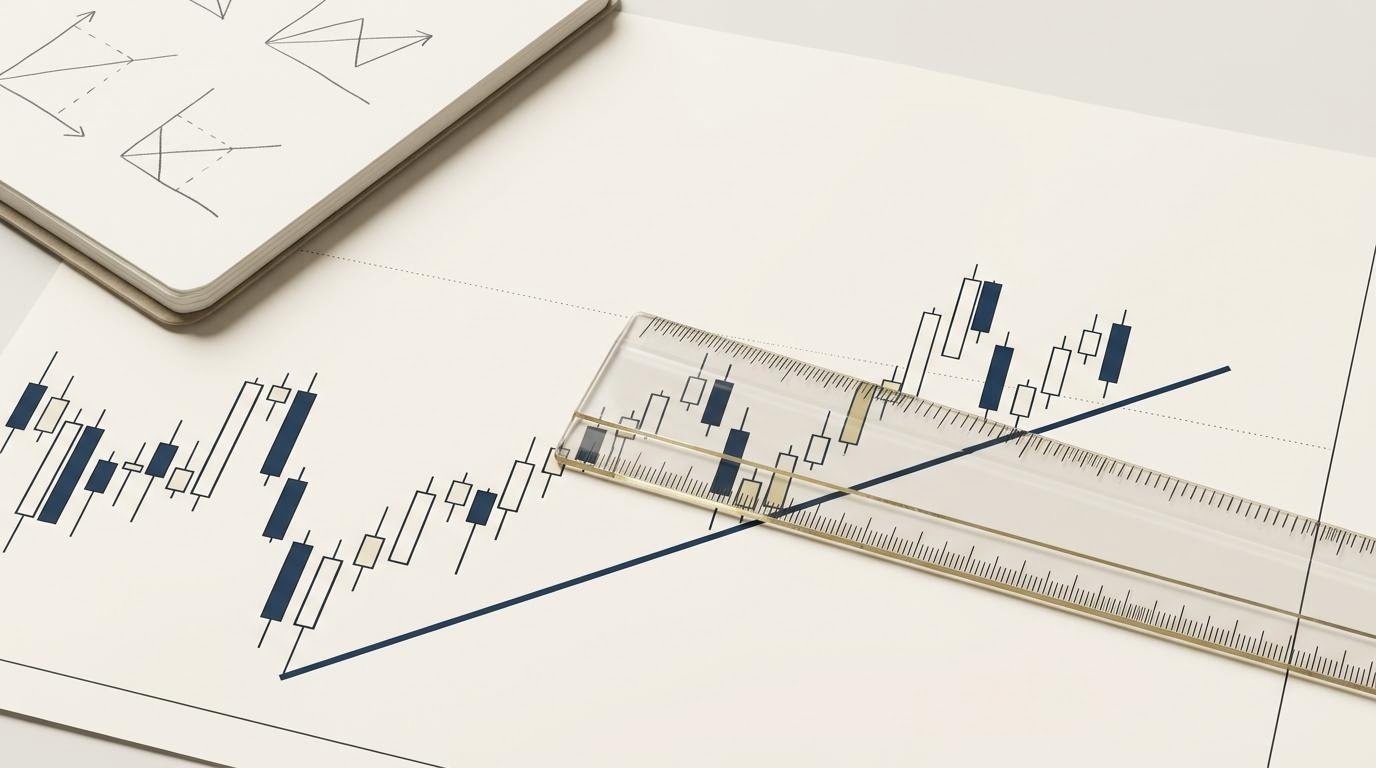 Grafik harga saham dengan garis tren dan indikator pergerakan